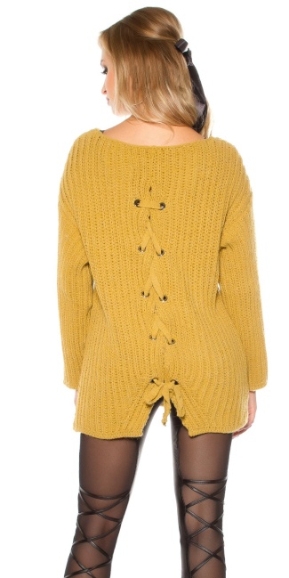 Trendy XXL loose knit jumper w. lacing in the back Mustard